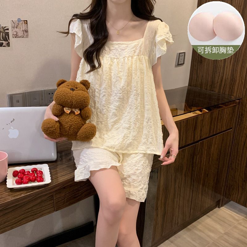 Venta al por mayor transfronteriza verano nuevo estilo pijama de color sólido mujer simple con almohadilla en el pecho jacquard nube algodón manga voladora pantalones cortos traje
