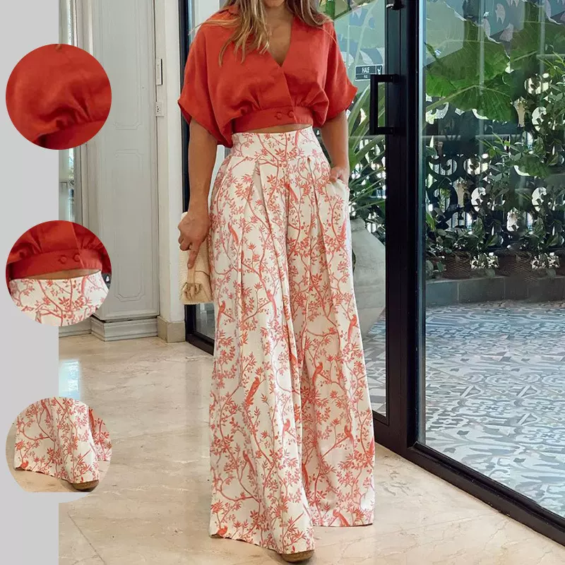 2026春季新款欧美套装亚马逊衬衫上衣V领时尚印花阔腿裤时尚套装