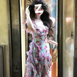 法式玫瑰碎花连衣裙三亚海度假漂亮氛围夏季新款绝美气质花边长裙