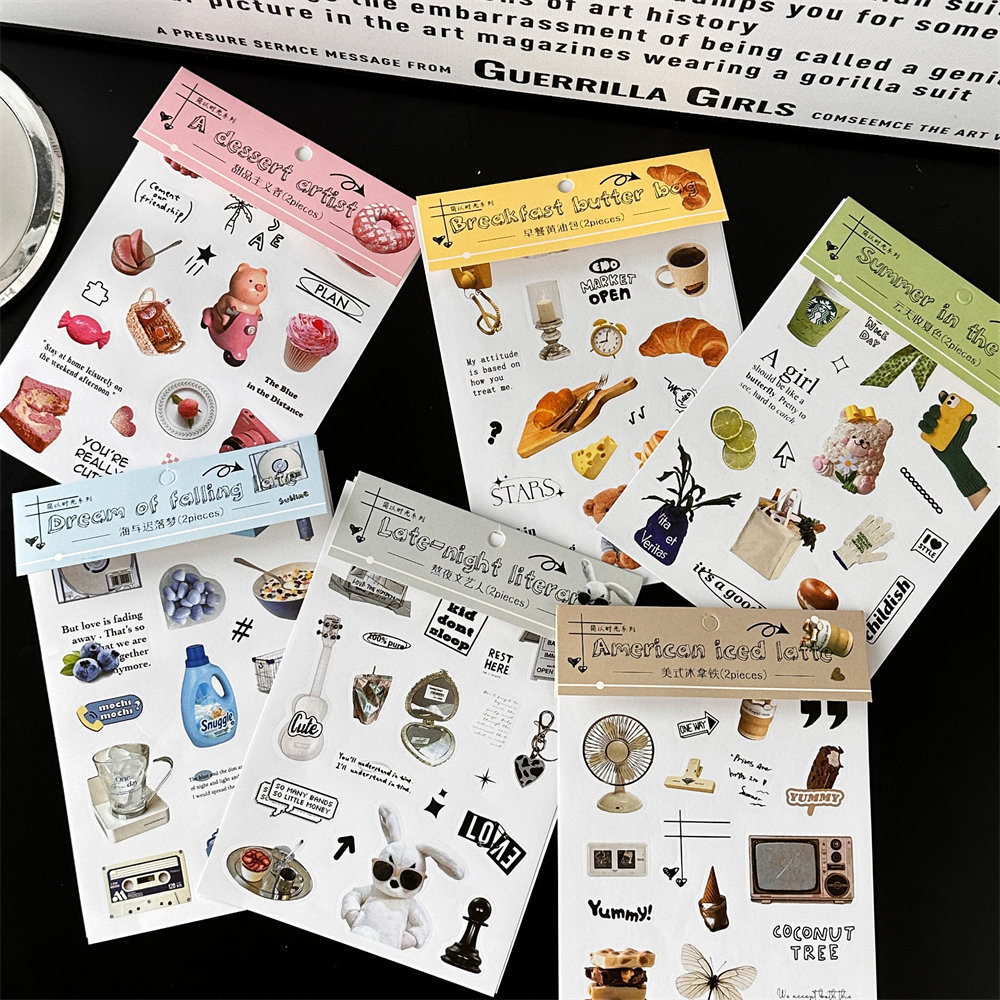11g Weight Stickers Stationery Type 1 Piece Quantity School Occasion Copperplate Paper Adhesive Sticker Material Cartoon Pattern Simple Style Style New Simple Time Ins Style Stickers Creative Fresh Artistic Life Gadget Diy Journal Material 2 Pieces 6 Models