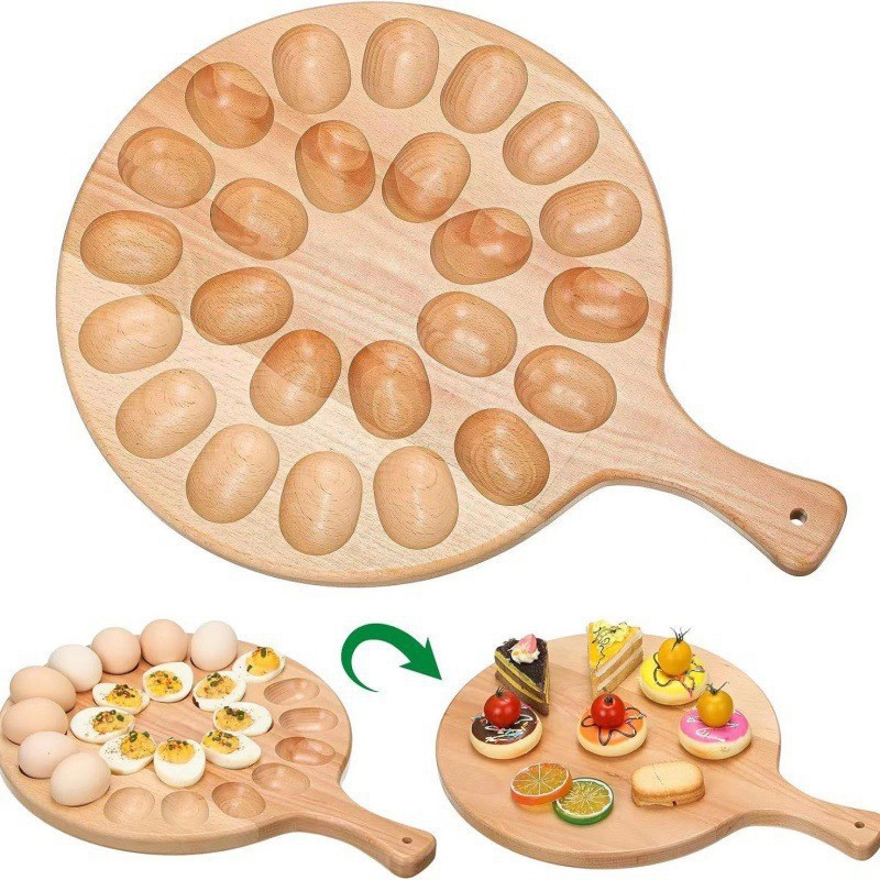 Round egg tray with handle, wooden egg divider, and fixed rack; double-sided egg rack, portable cutting board