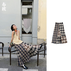 「オリジナルレトロ生地」Nanyou レディース卸売チェック柄スプライシングスカート不規則なデザインのロングスカート