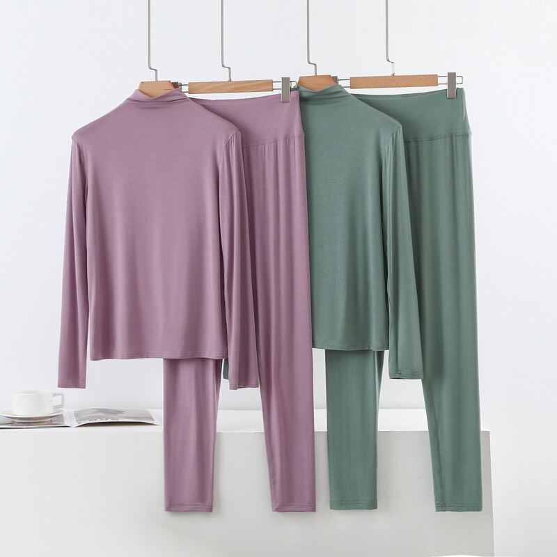 Modal Autumn Thermal Underwear Set for Women, Long-Sleeve Top and Long Pants, Half-High Collar, Thin Base Layer, Plus Size for Curvy Women