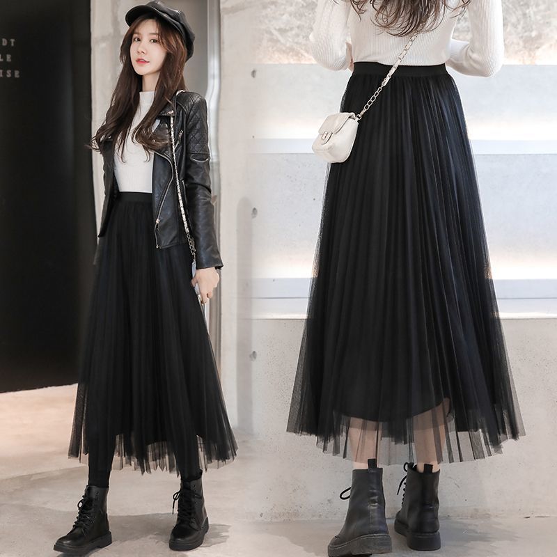 Mesh Skirt Fairy Pleated Skirt 2025 Spring High Waist Slimming Mid-length All-match A- line Large Swing Skirt