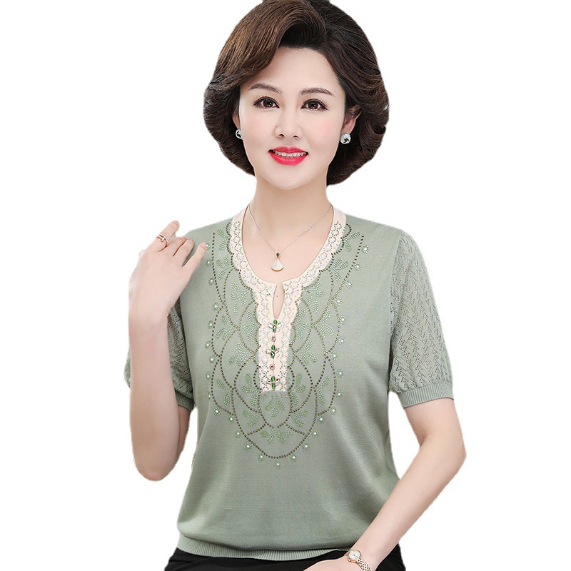 Mom's Summer Shirt, Fashionable Top, 40-50 Years Old 2024 New Middle-Aged and Elderly Women's Loose Ice Silk Short-Sleeved T-Shirt