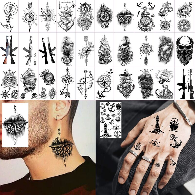 Cross-Border New Style Pirate Spear Compass Temporary Tattoo Stickers for Back of Hand and Neck Temu European and American Tattoo