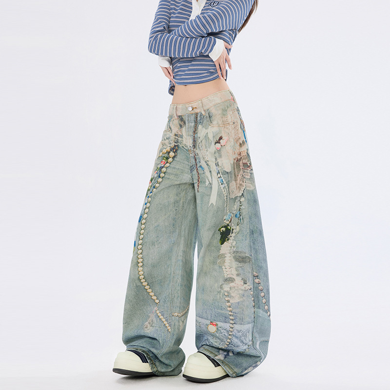 Unique Designer Printed Chain Distressed Jeans for Men and Women, Autumn Street Style, Cool Wasteland Ink-Splashed Wide-Leg Pants