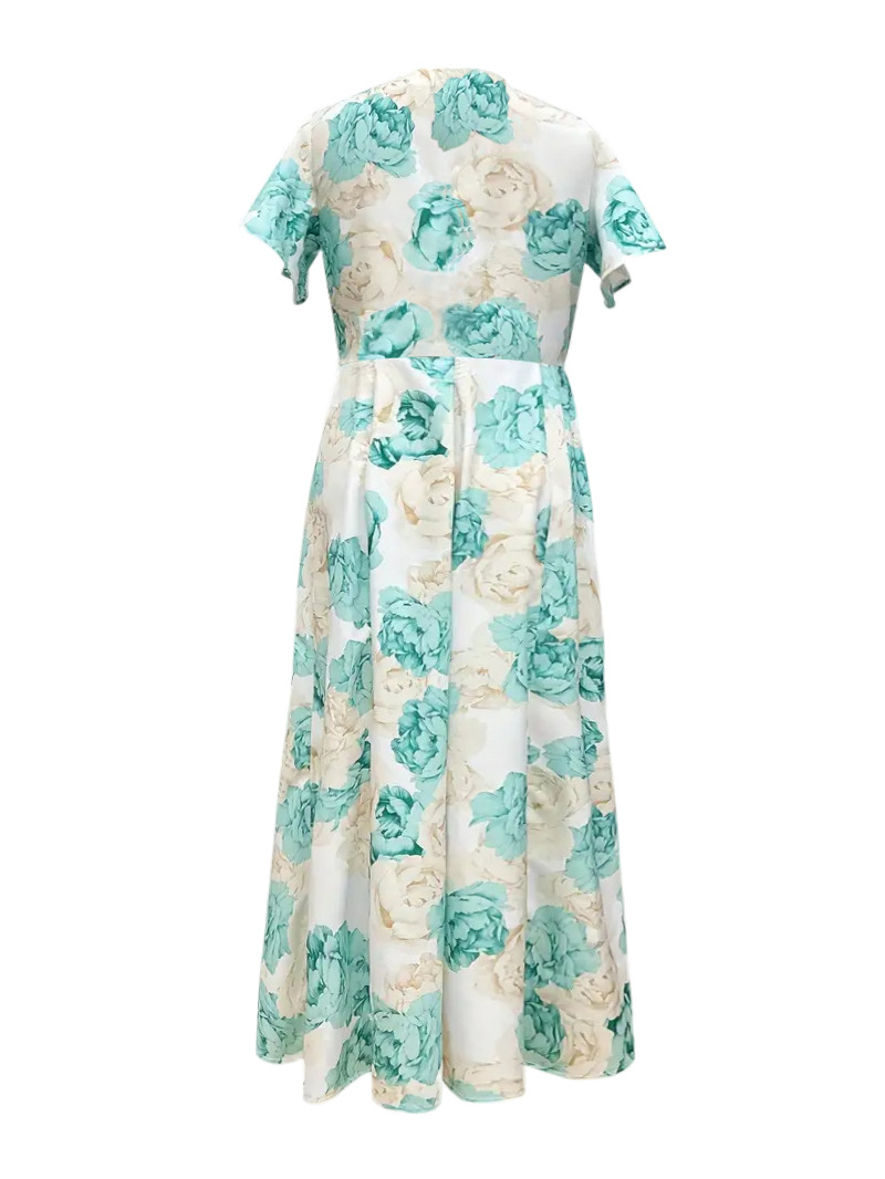 Summer Elegant Plus Size High-Quality Printed Long Dress V Neck Flowing Skirt Women's Clothing_ecoleips.com