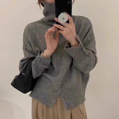 跨境设计感高腰纽扣套头高领毛衣女秋冬复古慵懒风韩系穿搭针织衫
