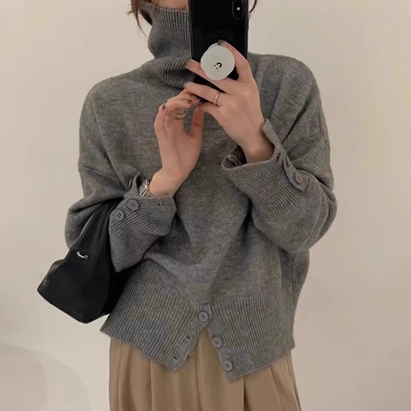Cross-Border Design High-Waisted Buttoned Pullover Turtleneck Sweater for Women, Autumn and Winter Retro Lazy Style Korean Style Knitwear
