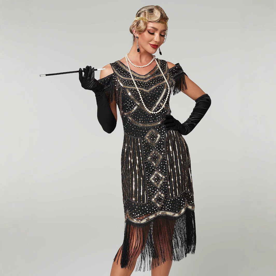 European and American Light Luxury Vintage Sequin Dress Party Banquet Dress Gatsby Ball Tassel dress Beaded Toast Dress