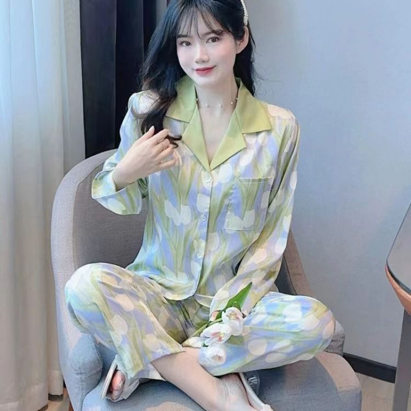 感绿色花卉印花冰丝睡衣女春秋季2025新款长袖套装丝绸家居服|undefined