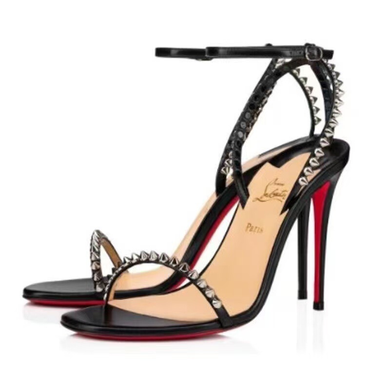 Cross-Border European and American Style Black Patent Leather Studded Stiletto High-Heeled Sandals for Women with Red Soles, Suitable for Weddings, Fashionable and Sexy with a Single Strap