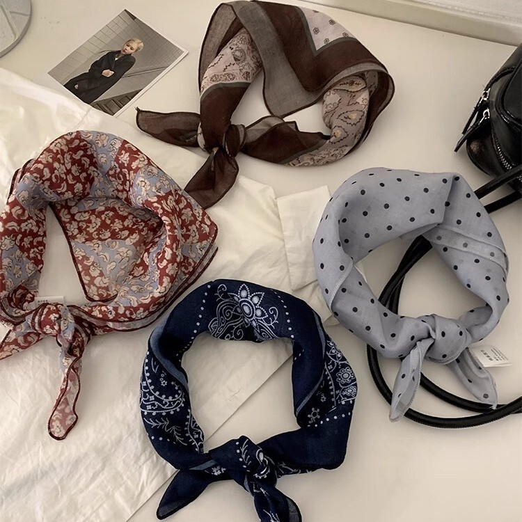 綿とリネンの夏の韓国の小さな正方形のスカーフ、女性用のフランスの芸術的な薄いシルクスカーフ、カシューナッツの花のスカーフ、髪を飾るネッカチーフ|undefined