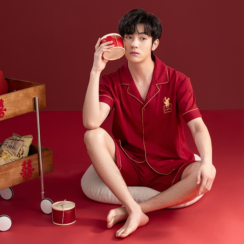 Pijamas de boda para recién casados 2025 para hombre, conjunto de verano de algodón puro de manga corta y pantalones cortos, holgado, rojo brillante, para el hogar, con diseño del año del zodiaco