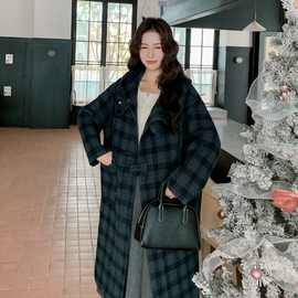 深蓝色复古格纹双面呢连帽大衣女冬学院风宽松休闲中长款外套