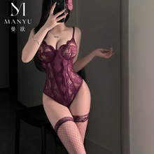 曼欲情趣内衣新款火辣紫色蕾丝连体衣纯欲制服免脱睡衣诱惑9441