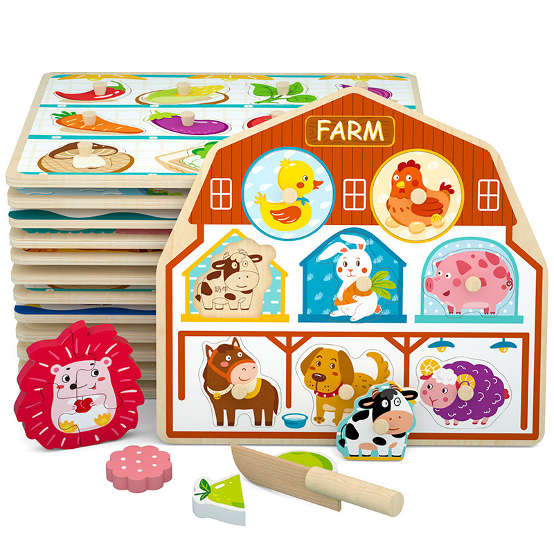 Hand-held Puzzle Baby Fruit Animal Traffic Cognition Boys and Girls Early Education Educational Building Blocks Children's Wooden Toys