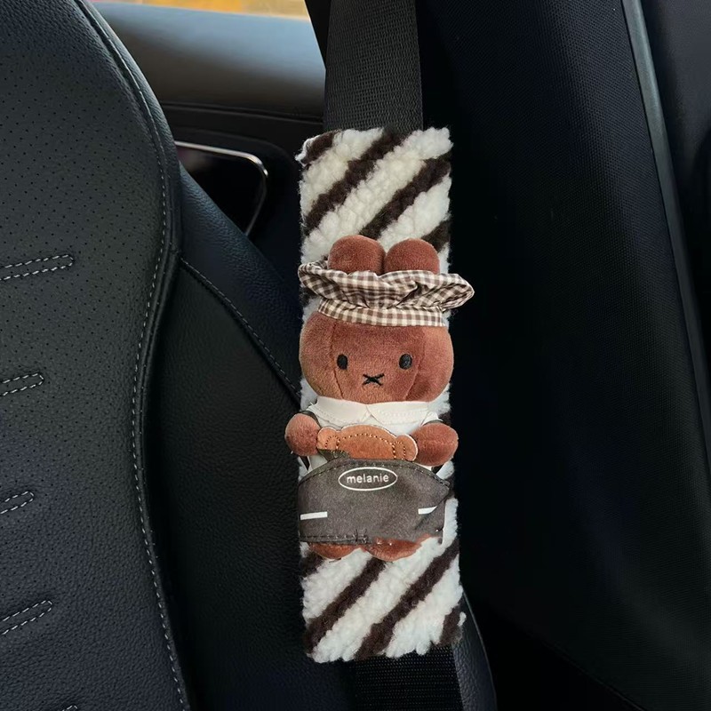 Bread Chef Miffy Rabbit Car Seatbelt Shoulder Pad Plush Doll Decorative Ornament Anti-Neck Strangling Car Interior Accessory