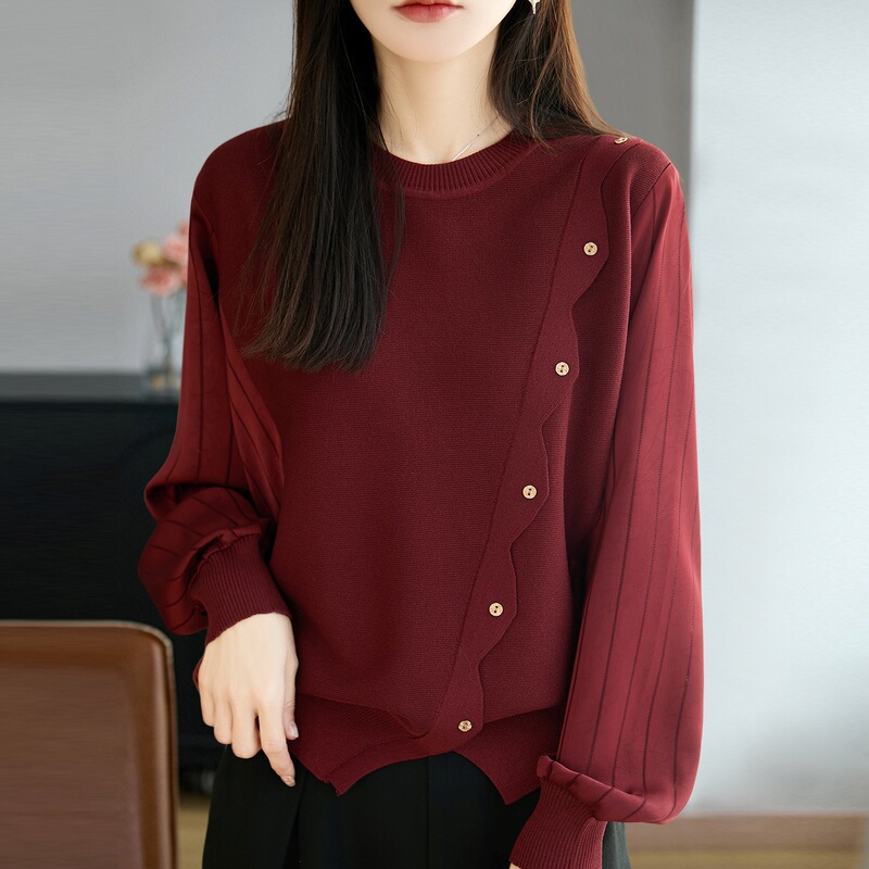 High-End Patchwork Knit Sweater for Women, Loose Fit, Slimming Top, 2026 Spring New Fashion Plus-Size Women's Base Shirt High-End Patchwork Knit Sweater for Women, Loose Fit, Slimming Top, 2026 Spring New Fashion Plus-Size Women's Base Shirt