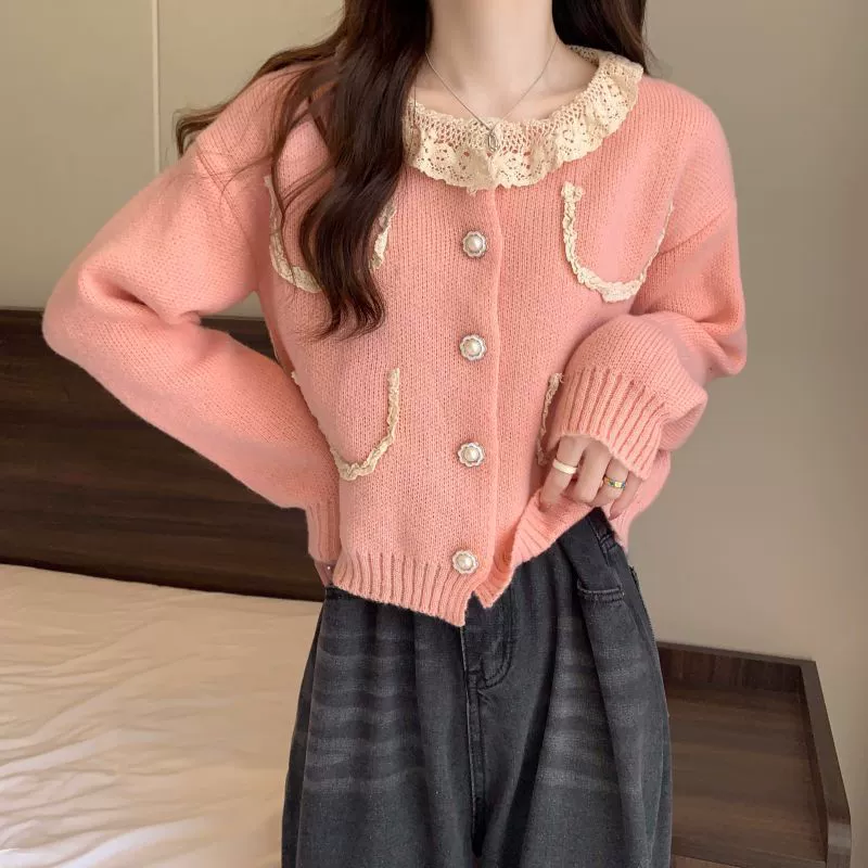 Вязаный oversize кардиган, женский свитер с кружевной оторочкой фуксия, осенний