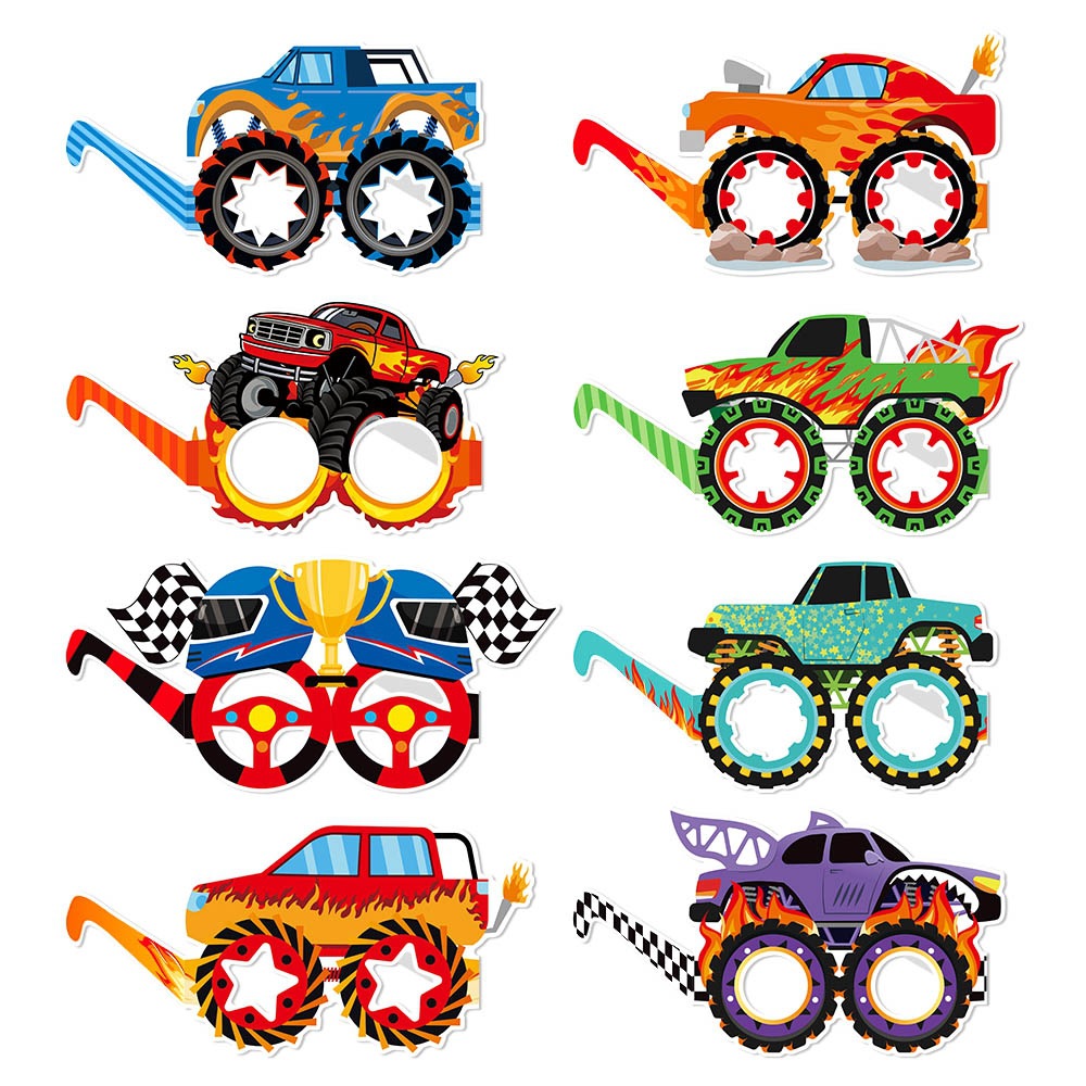 Monstruos transfronterizos camiones de cumpleaños para niños gafas de papel decoración de cumpleaños para vehículos todoterreno gafas de fotos