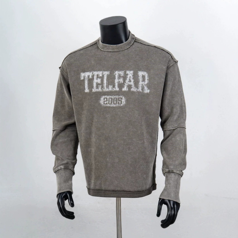 Bosimayou TELFAR washed distressed letter print waffle long-sleeve unisex slim-fit pullover sweatshirt Bosimayou TELFAR washed distressed letter print waffle long-sleeve unisex slim-fit pullover sweatshirt