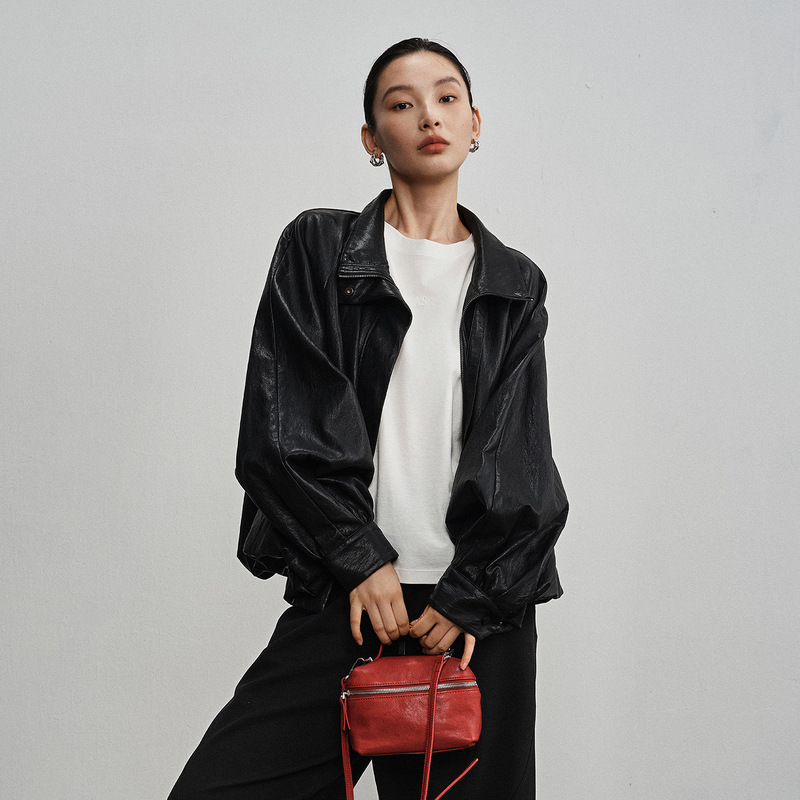 Fashionable Retro Solid Color Stand-Collar Leather Jacket 26 Autumn New Versatile Loose Cool Pu Motorcycle Long-Sleeve Jacket Fashionable Retro Solid Color Stand-Collar Leather Jacket 26 Autumn New Versatile Loose Cool Pu Motorcycle Long-Sleeve Jacket
