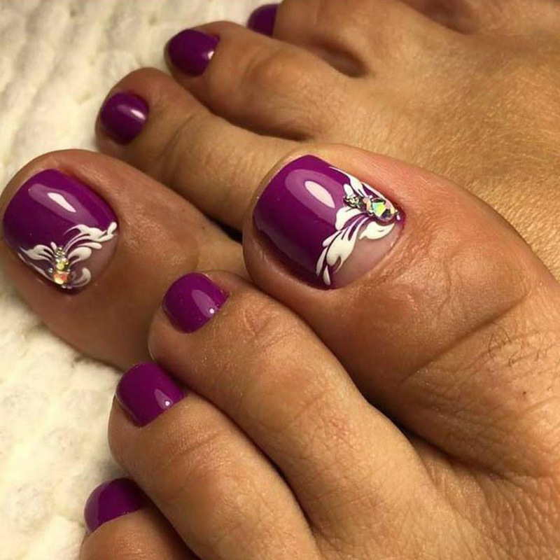 Grape Purple Toenail Patches Ins White Floral Nail Art Finished Nail Pieces Wearable Fake Toenails Exclusively for Cross-Border Supply