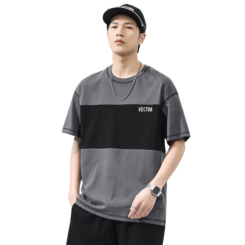 Men's summer new round neck T-shirt men's loose patchwork letter printed short sleeved shirt_voghion.com