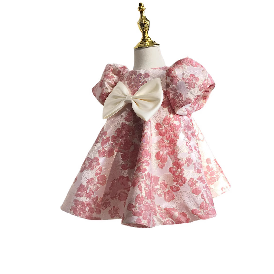 Robe pour le premier anniversaire d'une fille – Robe de princesse en satin imprimé floral avec manches bouffantes et jupe en tulle (80-140 cm, tenue de fête printemps/été)_voghion.com