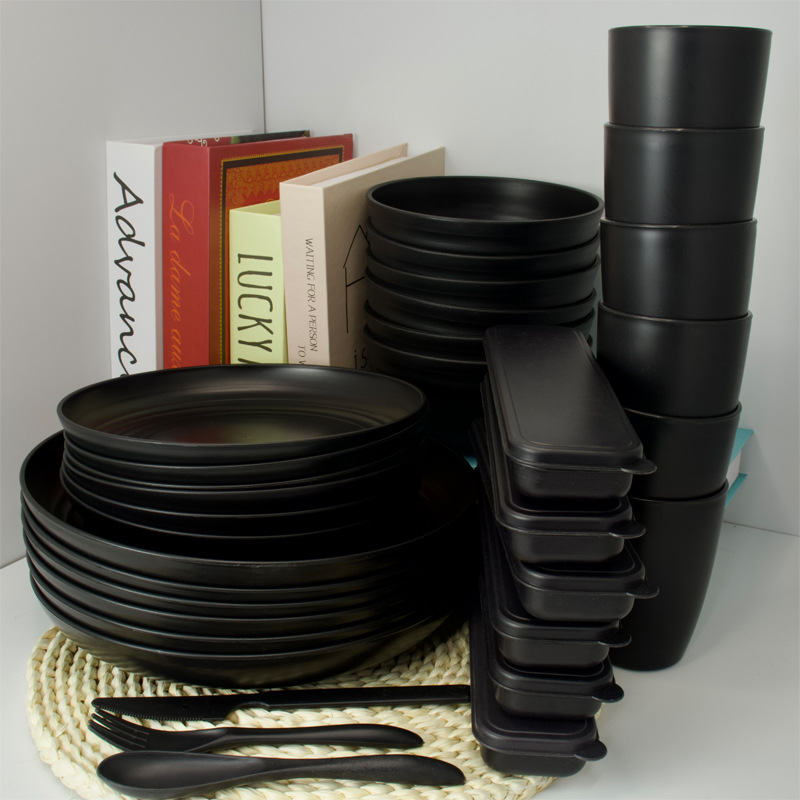 Amazon plato de comida negro tazón de sopa taza cuchillo tenedor cuchara vajilla juego de paja de trigo juego de regalo de campamento al por mayor