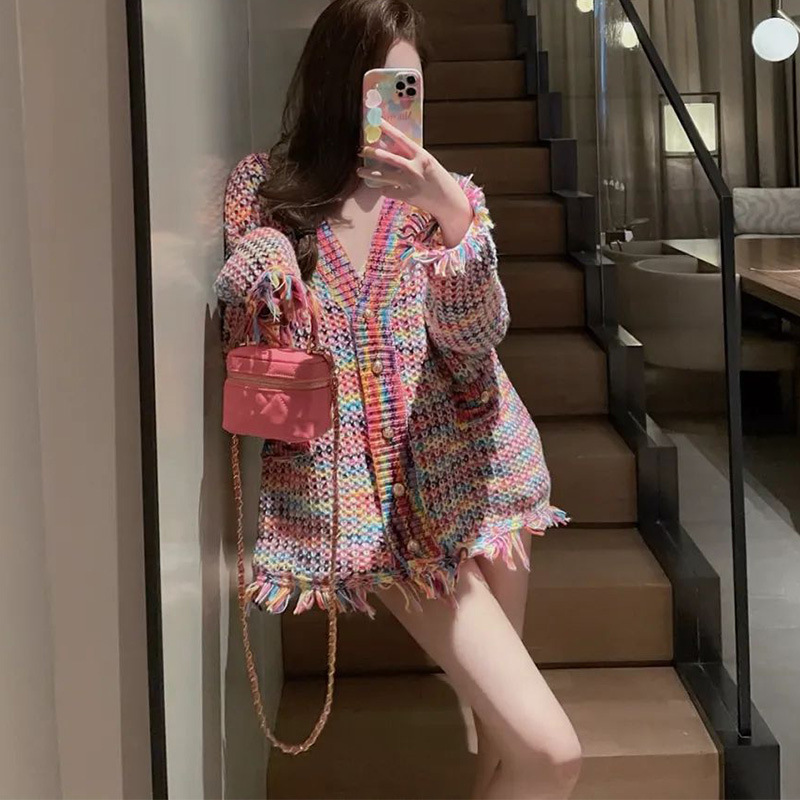 Autumn and Winter New French Style Chanel Style Colorful Woven Coat Women's Internet Celebrity Fried Street Design Sense Tweed Flower Top Trendy