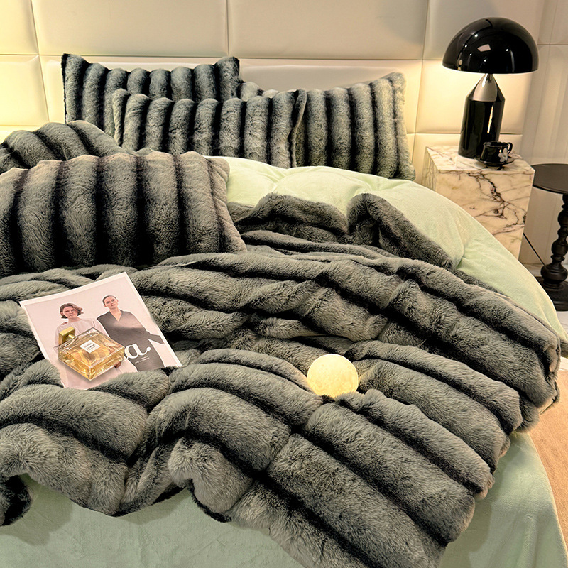 Juego de cuatro piezas de felpa de conejo de terciopelo de leche, terciopelo de coral de invierno, sábana gruesa y cálida, funda de edredón, franela, felpa de doble cara