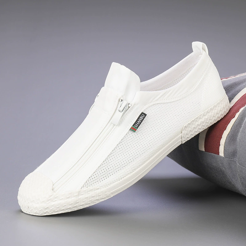Лето 2029, белые туфли, мужская обувь, парусиновая обувь с низким берцем и молнией, универсальная дышащая повседневная обувь, модные кроссовки