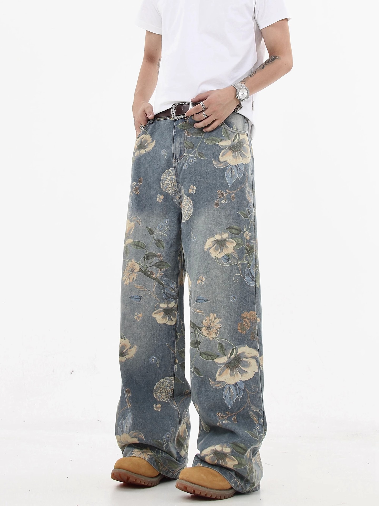 Unisex Retro Floral Print Loose Fit Straight Leg Jeans Hand-Painted Design Blue Trousers S-3XL_mkmklike.com