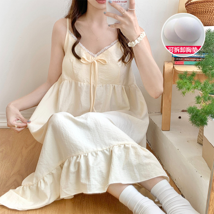 Camisón de verano con almohadilla en el pecho las mujeres tejidas algodón fresco Correa pijamas dulce encaje arco sexy vestido largo desgaste en casa