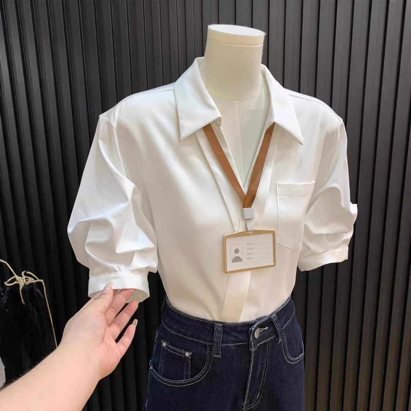 Elegant White V-Neck Short-Sleeved Shirt for Women, Summer 2026 New Style, Light Luxury, High-End French Style Workwear Business Top