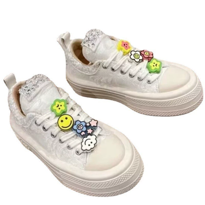 Cloth white shoes, casual footwear platform, sneakers, flowered
