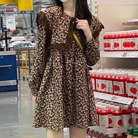 春季新款2025复古蕾丝钩花边海军领桔梗减龄碎花短款长袖连衣裙子