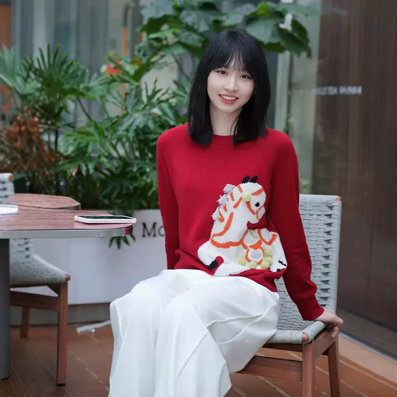 2026春新款新年氛围感五花马羊毛混纺圆领毛衣宽松休闲慵懒上衣