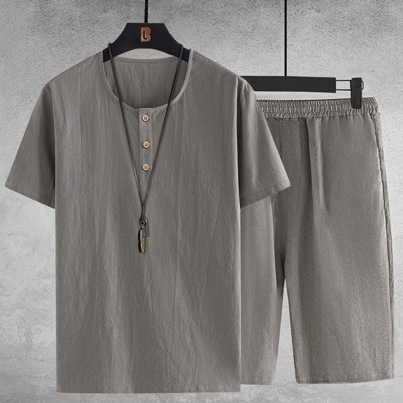 棉质唐装男中式夏季薄款短袖恤休闲套装中国风汉服睡衣家居服无