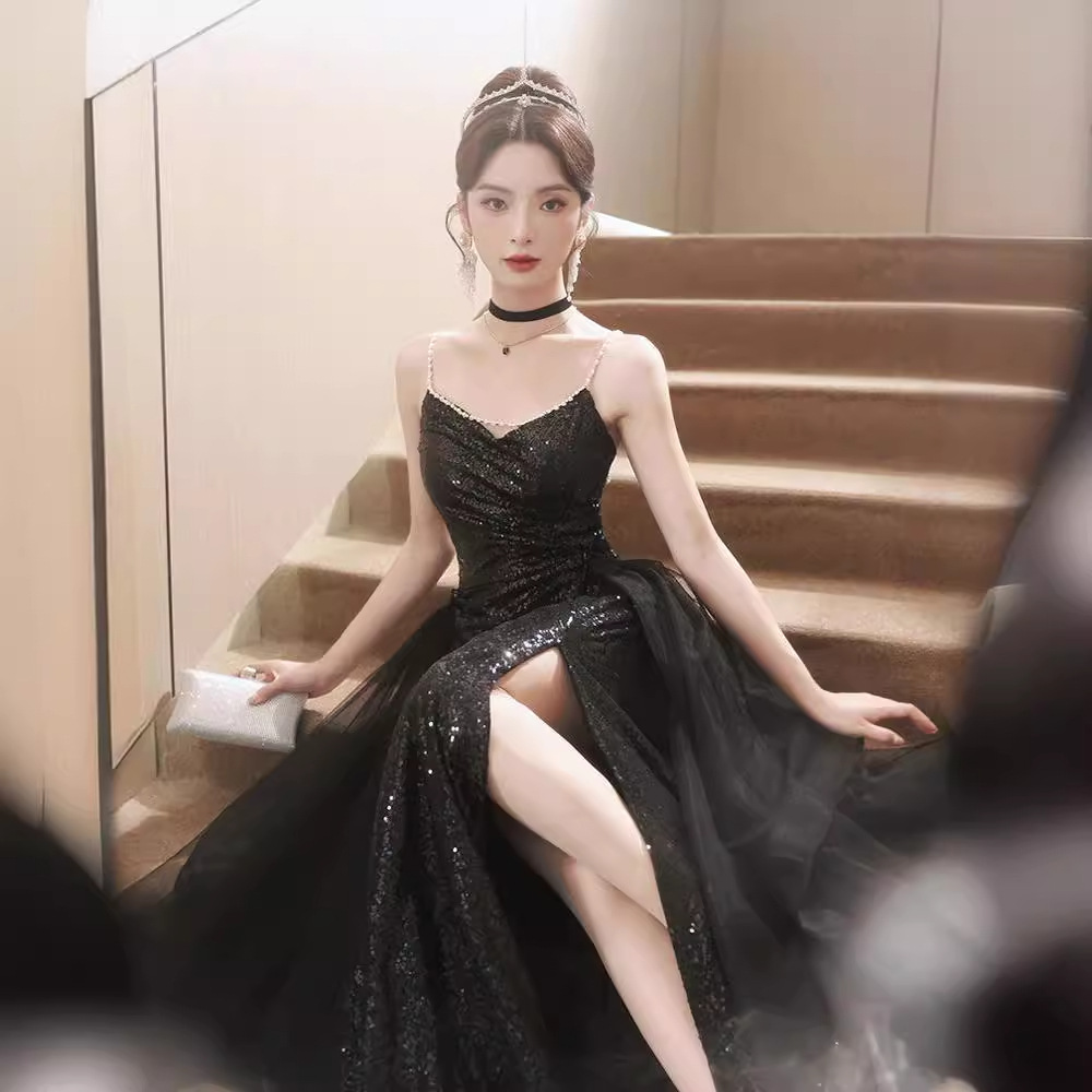 Vestido de noche negro 2026, nuevo estilo de verano, vestido de actuación con lentejuelas y tirantes, vestido de cóctel para fiesta