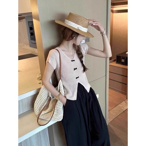 Korean V-neck bow flying sleeves knitted T-shirt women's summer slim fit niche design chic top