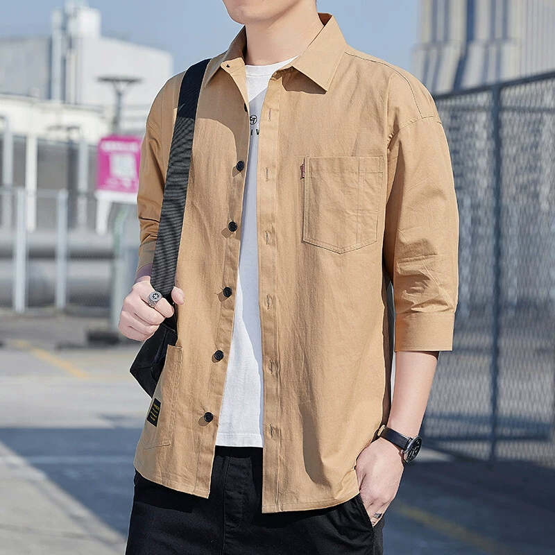 Сплошной цвет рубашки с длинными рукавами для мужчин летом тонкая наружная одежда без горячей одежды одежда свободная повседневная рубашка с семью рукавами для мужчин