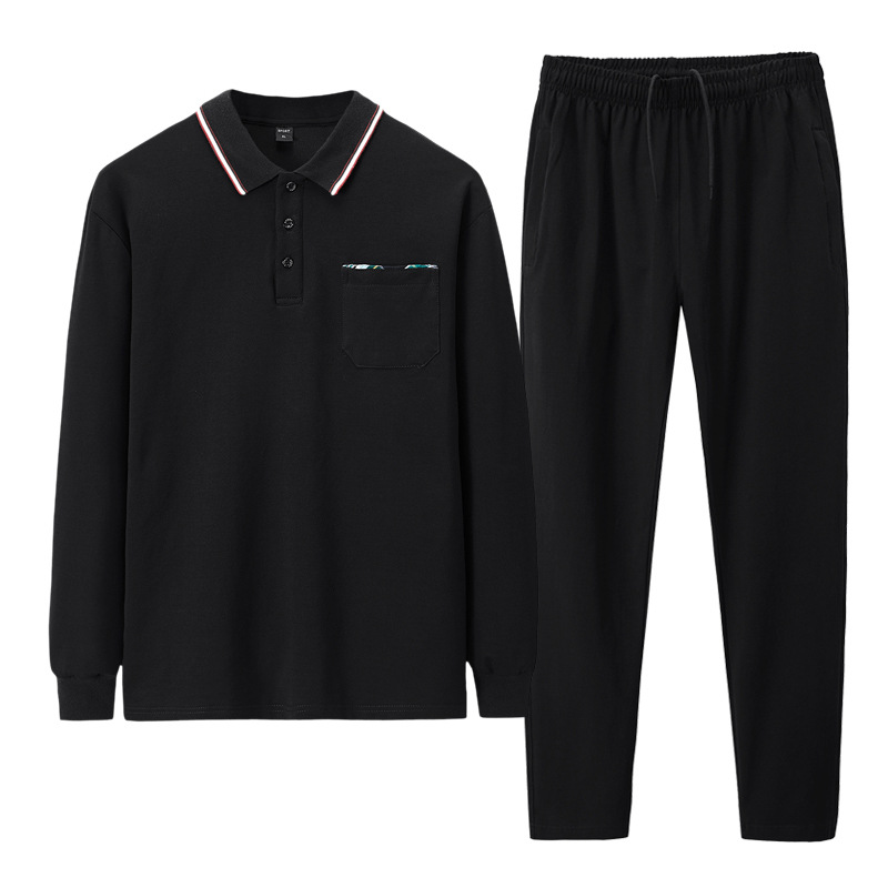 Traje casual de primavera para hombre, estilo polo, nuevo estilo holgado de manga larga para hombres de mediana edad y mayores, talla grande, transpirable, traje de dos piezas con pantalones largos.