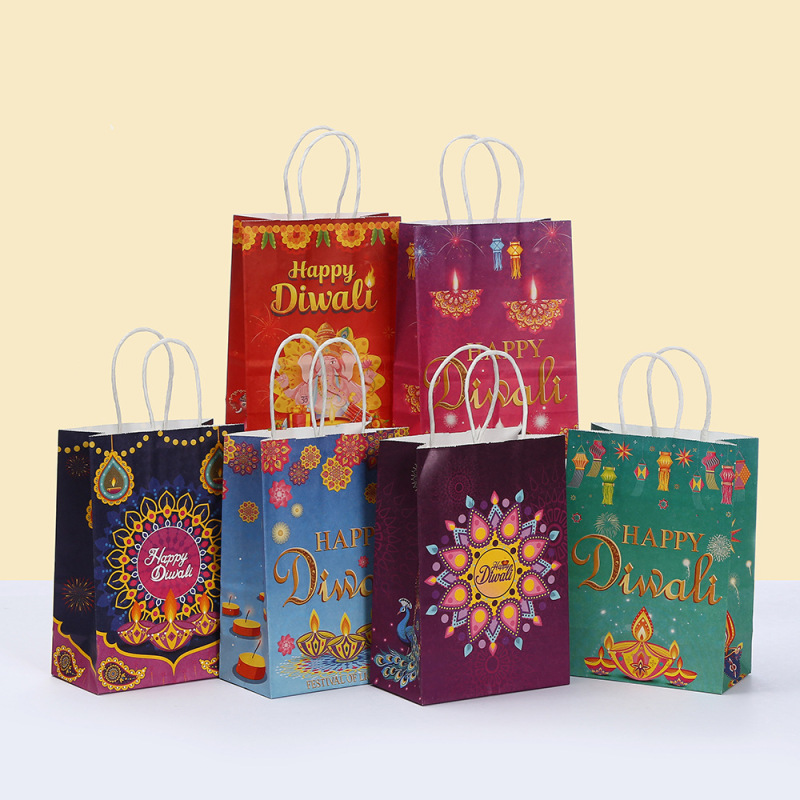 Vertical Style Kraft Paper Bags in Stock for Direct Sale, Indian Diwali Themed Series Tote Bags, Milk Tea and Coffee Takeaway Bags