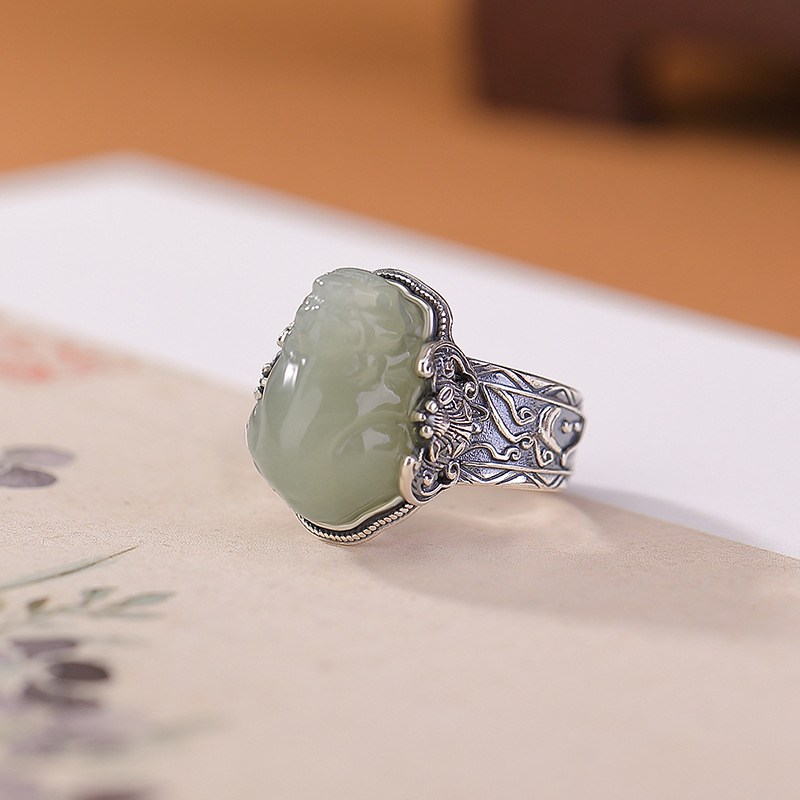 Nhẫn bạc S990 nguyên chất đính ngọc Hetian tự nhiên phong cách Trung Hoa, mặt Pixiu may mắn — một mảnh