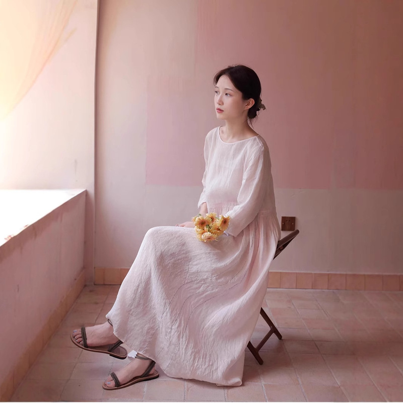 Summer New Artistic Retro Freshwater Color Pink Wrinkled Hemp Loose Wrinkled Ramie Clear Round Neck Loose Dress Robe