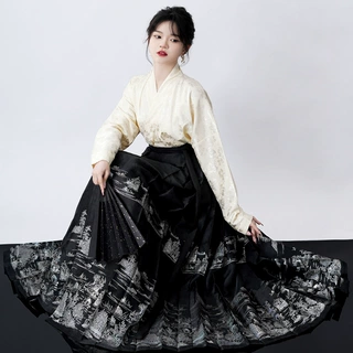 成人汉服织金织彩银精密缎面黑色仿螺钿马面裙日常通勤汉服明春秋
